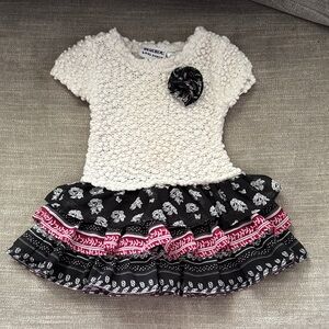 Cream Knit Top with Black & Pink Floral Tiered Skirt Dress